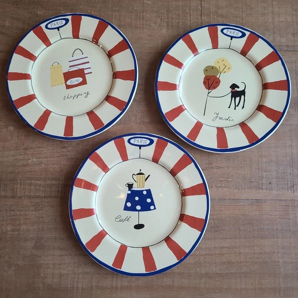 Vintage Garnet Hill Portugal France Paris Cafe Animal Plates Set Of 3 9 1/4